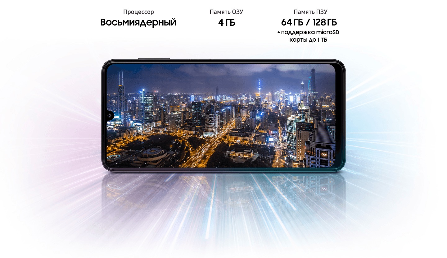 Galaxy A22 shows night city view, indicating device offers Octa-core processor, 4GB/6GB RAM, 64GB/128GB with up to 1TB-storage.