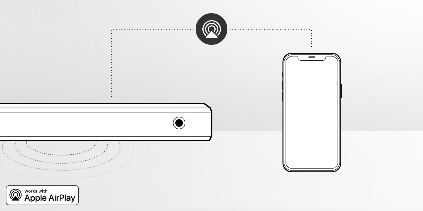 Illustration of the Samsung S60A Soundbar's built-in Apple AirPlay 2 feature which lets smartphone audio play through soundbar without the need to pair the devices.