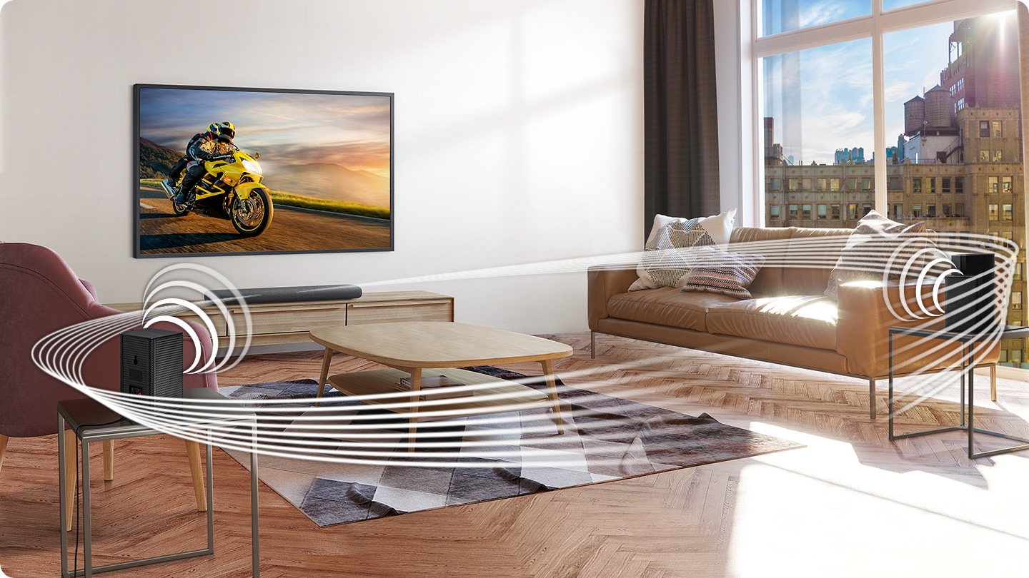 Soundwave graphics are playing from Samsung Wireless Rear Speaker Kit and Soundbar, demonstrating its Wireless Surround Sound Compatible feature.