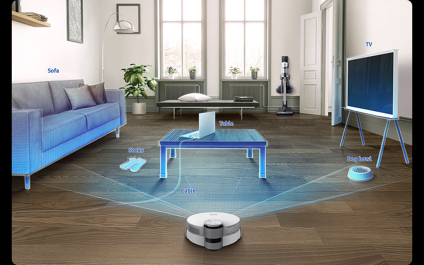JetBot AI+ uses AI Object Recognition to sense a sofa, cable, table, dog bowl, socks and TV on the floor in front of it to clean closely and effectively around them.