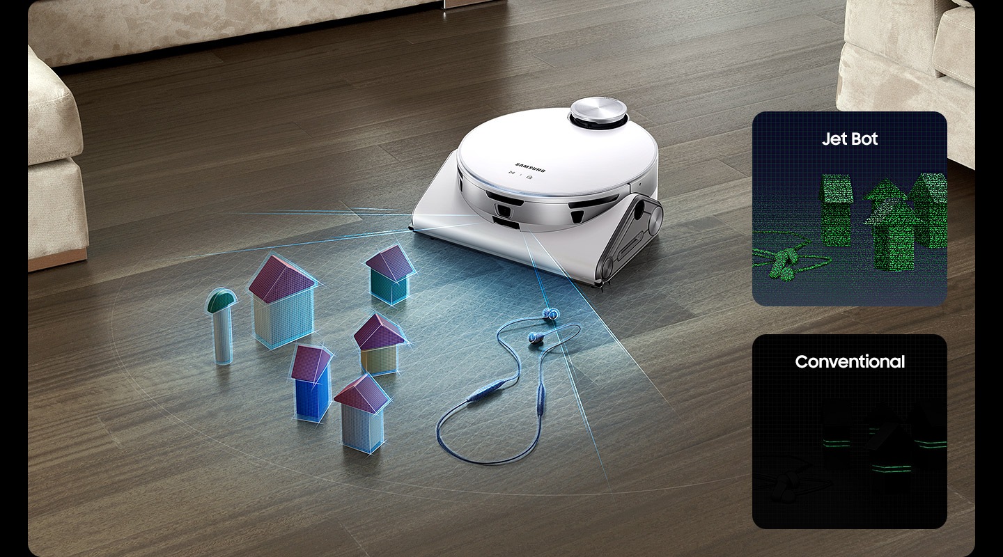 JetBot AI+ cleans a living room floor, using its 3D sensor to avoid small toys and a pair of earphones in front of it.