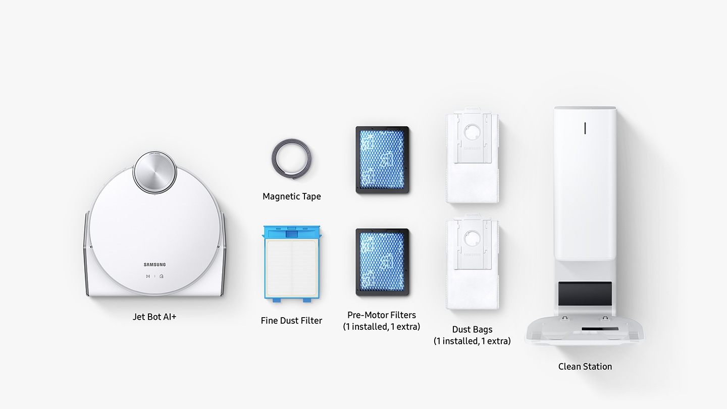 JetBot AI+ comes with the essentials, including a Fine Dust Filter, a Magnetic Tape, two Pre-Motor Filters, two Dust Bags and a Clean Station—all inside the box. Pre-Motor Filters and Dust Bags are one installed and the other one extra.