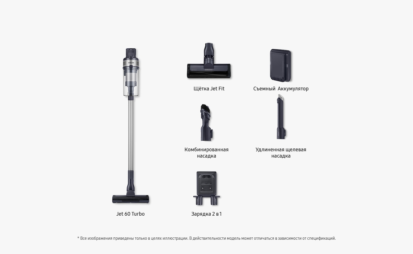 Items included inbox shown: Jet 60 Turbo, jet fit brush, battery, combination tool, extension crevice tool and 2-in-1 charger.All images shown are for illustration purpose only. Actual model may vary depending on specifications.