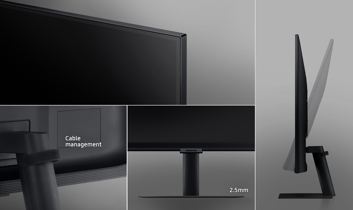 It shows the S70A's bezel, angle and height adjustment functions, respectively, and a clip for cable management.