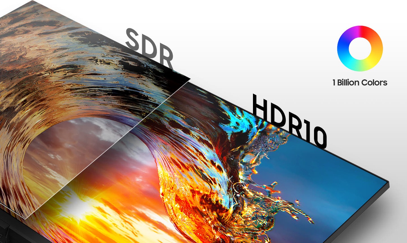 SDR экраны сол жақта, және HDR10 экраны оң жақта. Оң жақта 1 миллиард түс белгішесі бар.