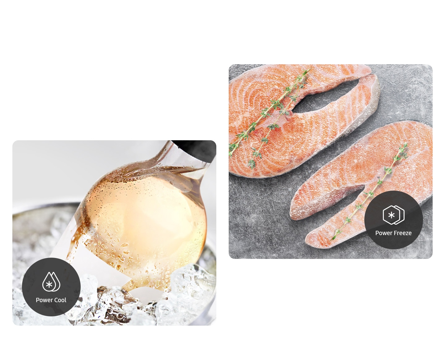 A bottle of wine is being chilled fast with Power Cool. 2 salmon steaks are being frozen fast with Power Freeze.