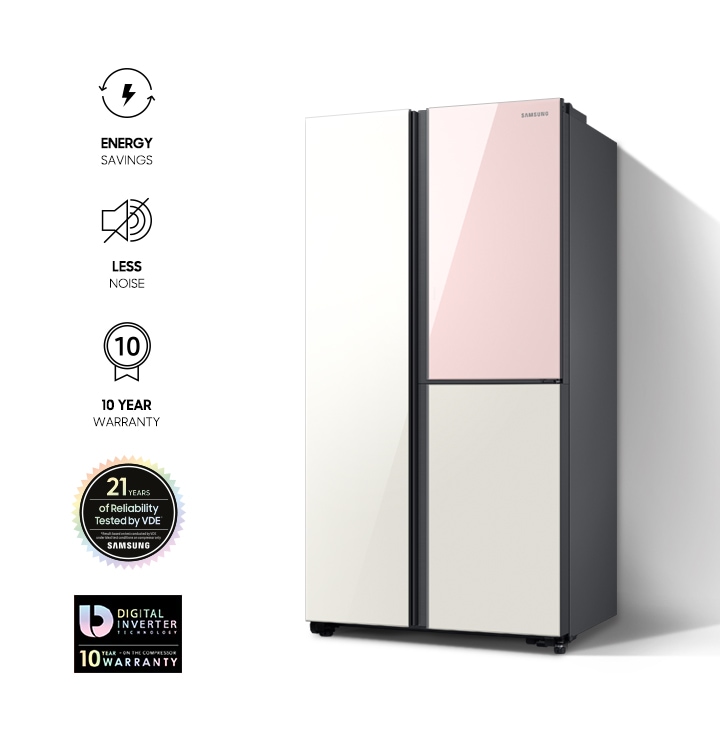 There is a 2-door fridge and logos representing different features. They illustrate energy-saving, noise reduction, 10-year warranty, Samsung's 21-year of reliability mark approved by the VDE, and Digital Inverter Technology mark.