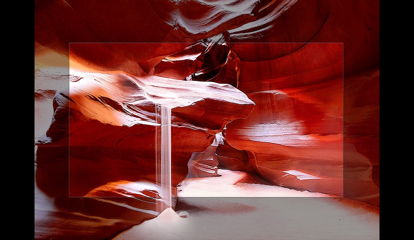A conventional TV bezel is easily visible. It is highlighted by a moving light animation and when camera zooms out, the bezel is removed and a red-colored canyon is revealed without any distracting TV bezel lines.