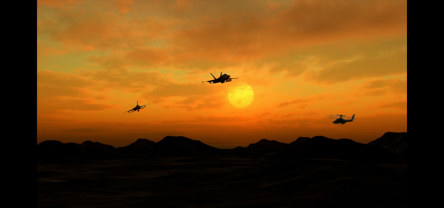 Fighter jets and a helicopter enter and exit a sunset scene. There are circular tracking graphics which simulate that their sound is following them as they move around the screen.