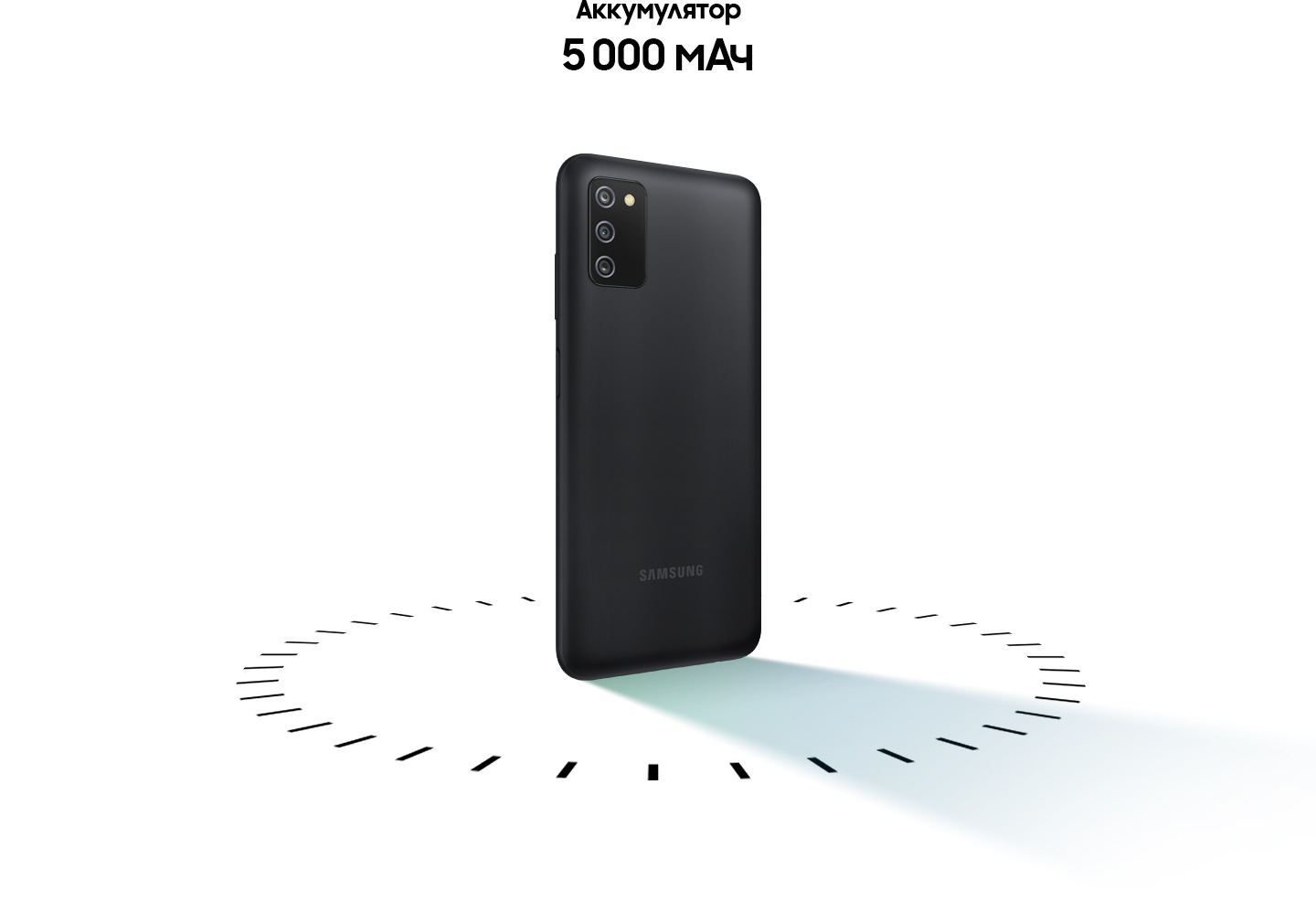 Galaxy A03s is standing with its back turned, surrounded by a dotted circle. Above are the words Battery 5,000mAh.