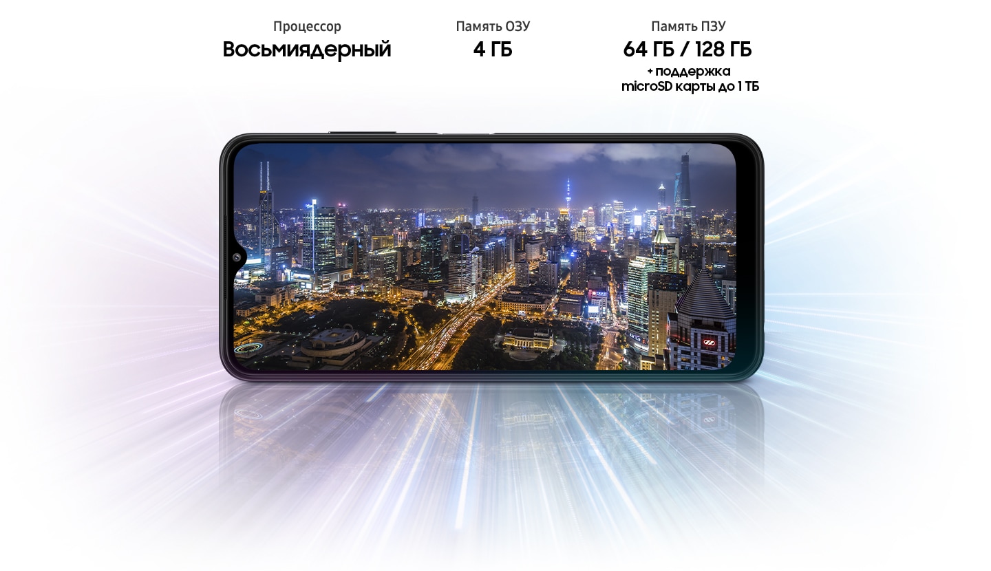 Galaxy A22 5G shows night city view, indicating device offers Octa-core processor, 4GB/6GB/8GB RAM, 64GB/128GB with up to 1TB-storage.
