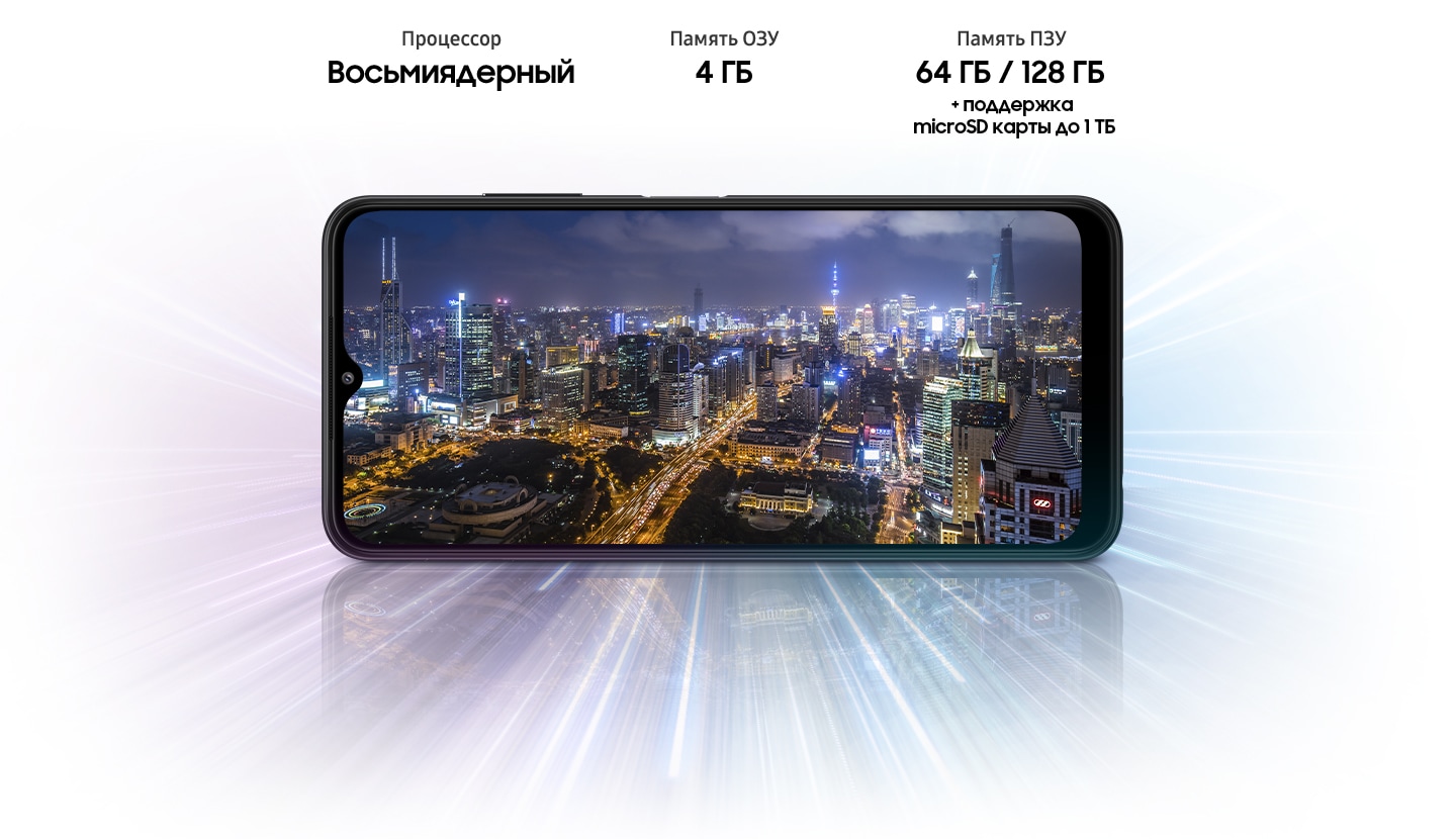 Galaxy A22 5G shows night city view, встановлений office device Octa-core Processor, 4GB/6GB/8GB RAM, 64GB/128GB with up to 1TB-storage.