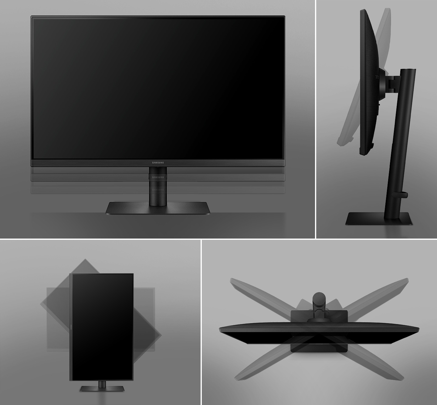 It shows the S40UA's bezel, angle and height adjustment functions, respectively, and a clip for cable management.