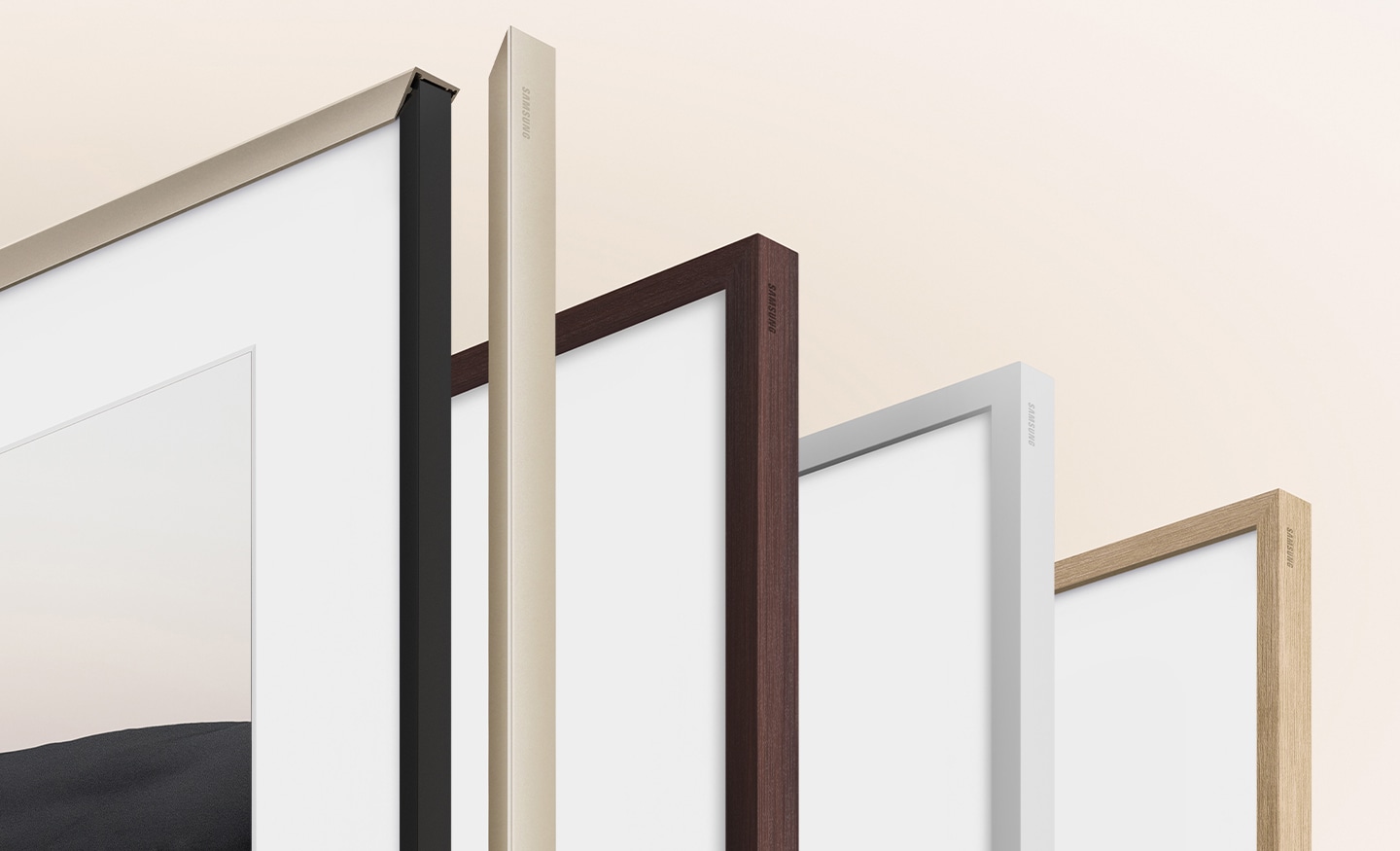 A variety of The Frame's customizable bezels are displayed.