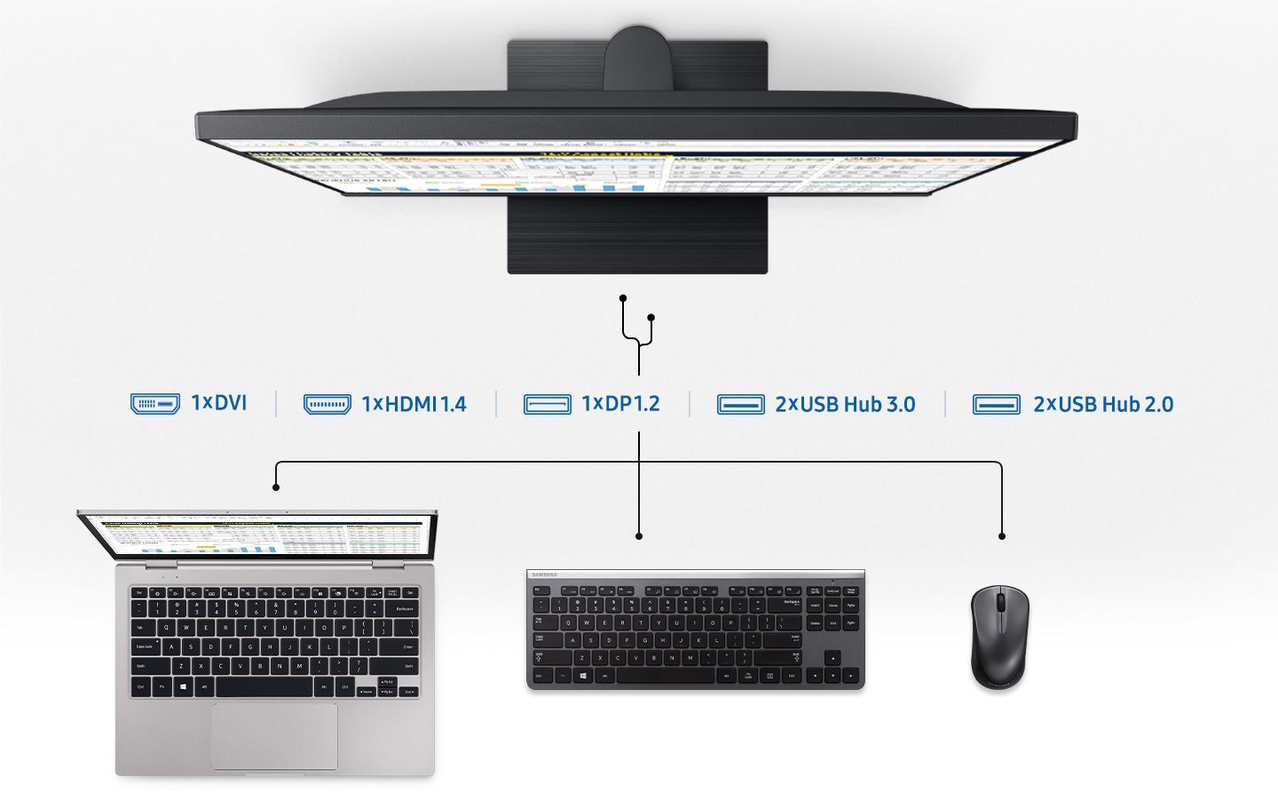 There are DVI 1ea, HDMI 1.4 1ea, DP1.2 1ea, USB hub 3.0 2ea, USB hub 2.0 2ea that can be connected to the T45F 24W monitor.