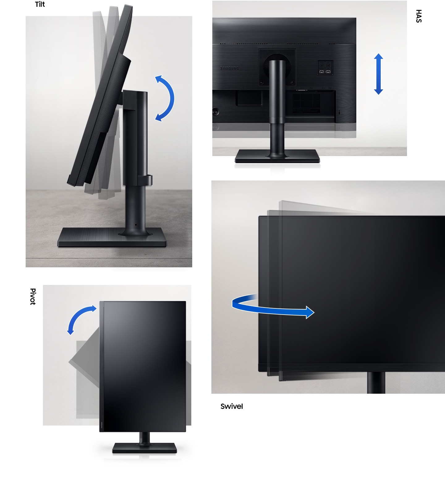 Tilt, HAS, Pivot and swivel functions in operation on T45F 24W monitor