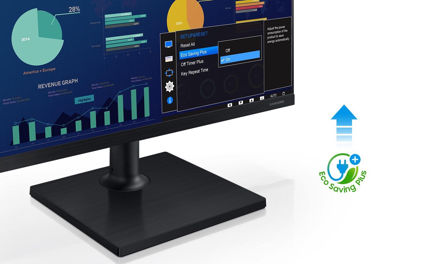 The Eco Saving Plus function is shown with an icon on the right side of the monitor.