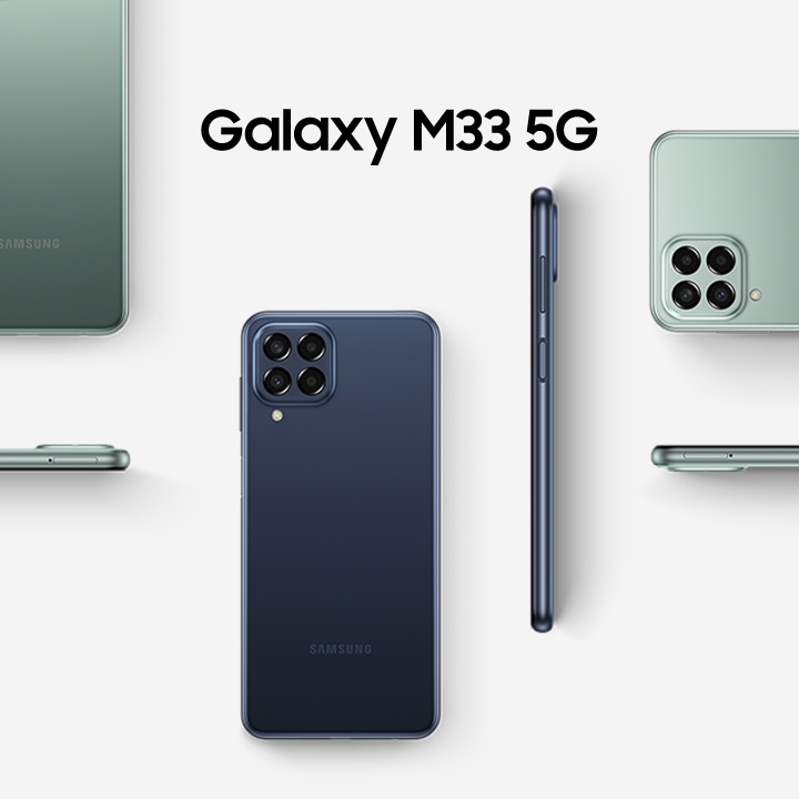 Различные устройства Galaxy M33 5G расположены в разных положениях, чтобы показать устройство сзади и сбоку. Устройства выполнены в синем, зеленом и коричневом цветах.