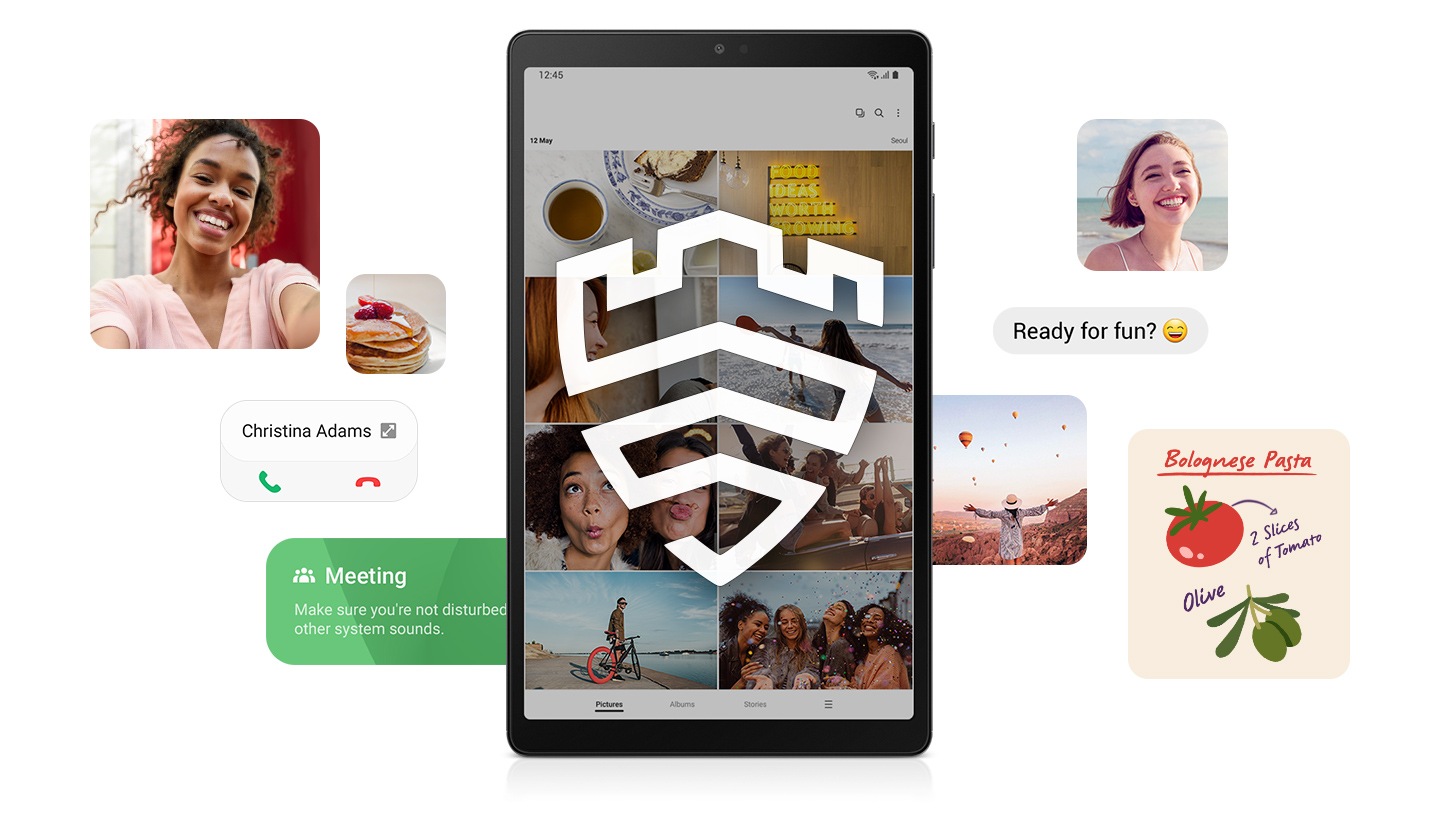 На экране Galaxy Tab A7 Lite отображается логотип Samsung Knox, а вокруг планшета появляются фрагменты фотографий и текстовых сообщений.
