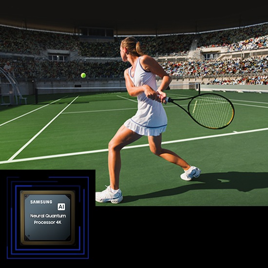 На экране выделены различные элементы теннисного матча, включая теннисный мяч, боковые линии теннисного корта, теннисную ракетку и зрителей. Он демонстрирует способность Samsung AI Neural Quantum Processor 4K улучшать качество в режиме реального времени.