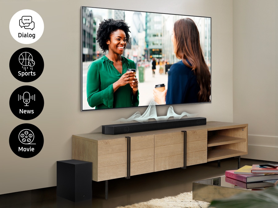 Екран телевізора змінюється від діалогів, спорту, новин до фільмів, а звукова панель показує різні звукові хвилі для кожного, щоб показати, як звукова панель адаптується до голосів у кожному вмісті.