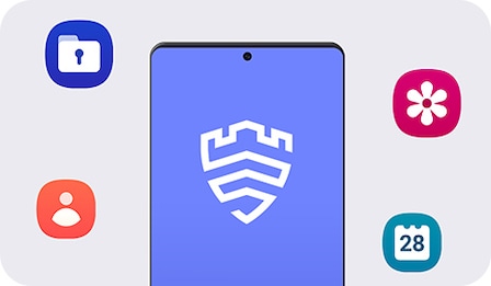 Показана верхняя половина Galaxy A54 5G. Экран синего цвета с большим логотипом Knox. Вокруг устройства расположены значки файлов, контактов, галереи и календаря.