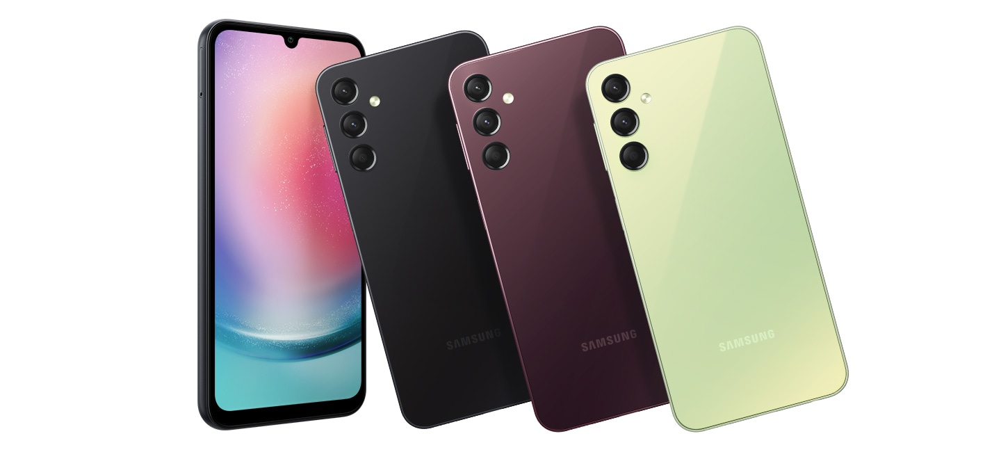 Несколько устройств Galaxy A24 выставлены в ряд для демонстрации вариантов расцветки.