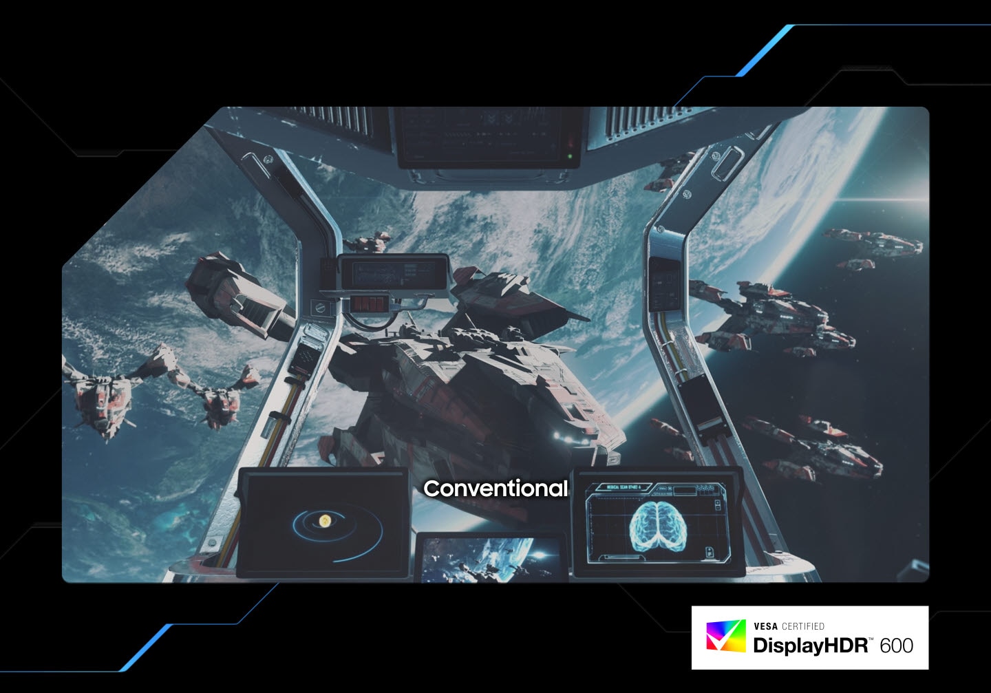 На обычном экране виден космический корабль. При переключении на VESA Display HDR 600 экран становится более четким и выявляет больше деталей вокруг темных участков космического корабля. В правом нижнем углу экрана находится логотип VESA Certified DisplayHDR 600.