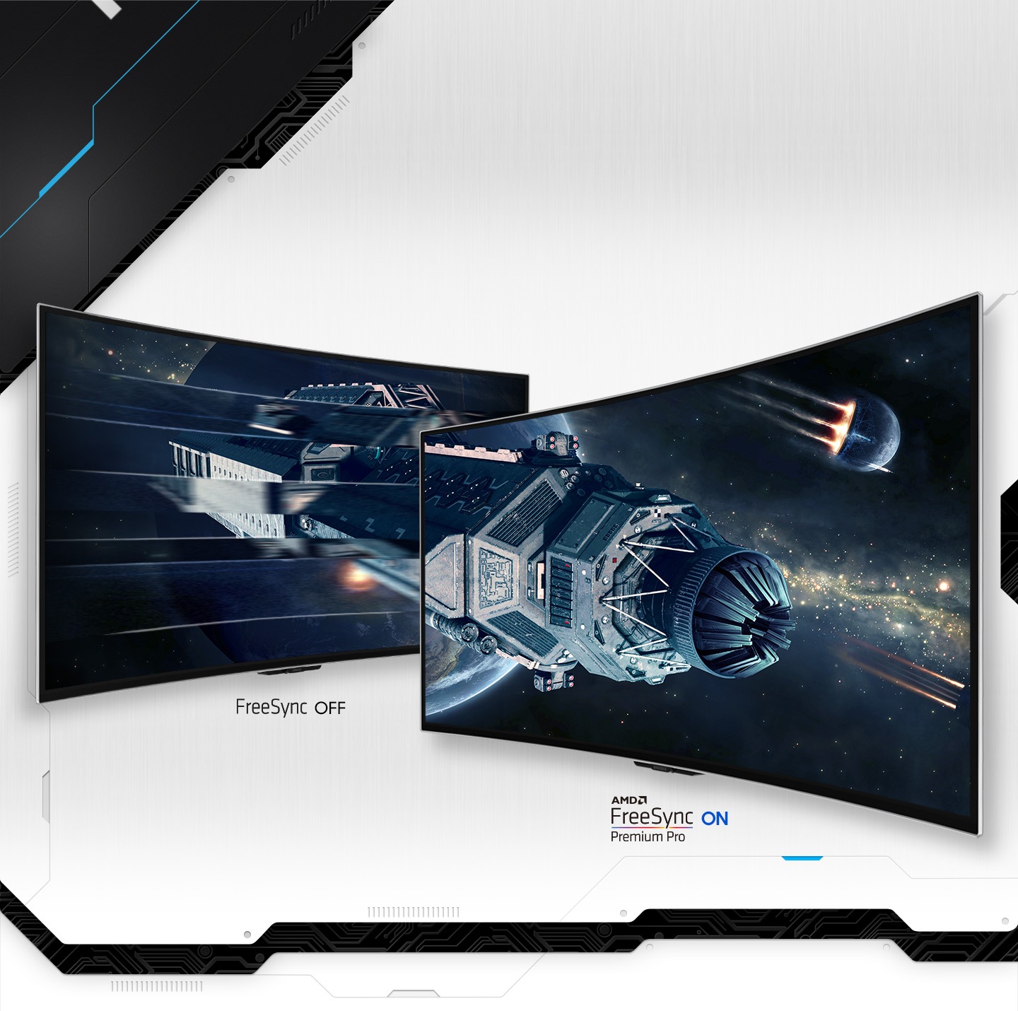 На двух мониторах Odyssey, тот, что справа, частично находится перед тем, что слева. На экране слева начинается сцена космического корабля, путешествующего через поле астероидов, и продолжается на экран справа. Космический корабль на левом экране размыт, под ним видно текст «FreeSync OFF», а на правом экране изображение четкое, с текстом «AMD FreeSync Premium Pro ON».