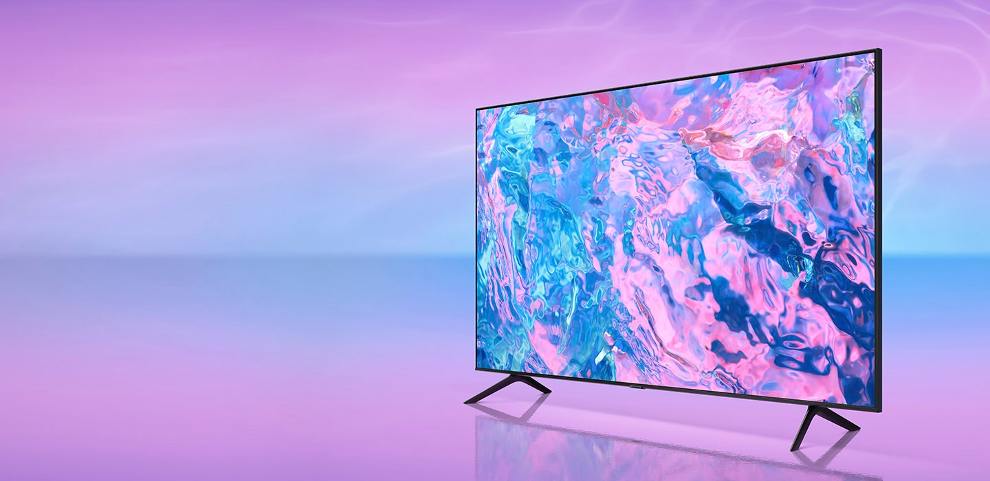 A Crystal UHD TV is displaying a very colorful graphic on its screen.