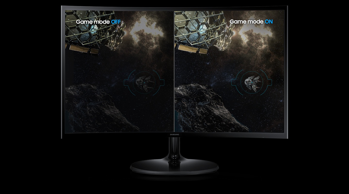 На моніторі відображається екран гри. Зліва – режим гри ВИМК, праворуч – режим гри ВКЛ. У режимі гри OFF екран темний і колір нечіткий, тому важко побачити ціль, а в режимі гри On екран яскравий і чіткий, тому ціль розпізнається точно.