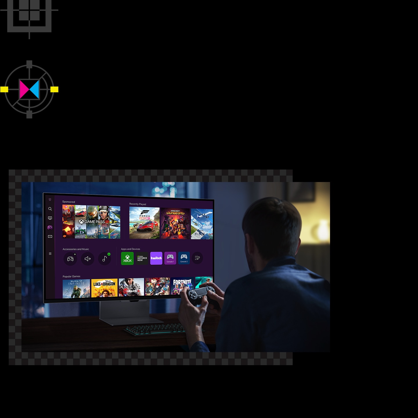 There is a man and a monitor. On the monitor, the Gaming Hub UI is shown. And the man in front of the monitor is holding a game controller.