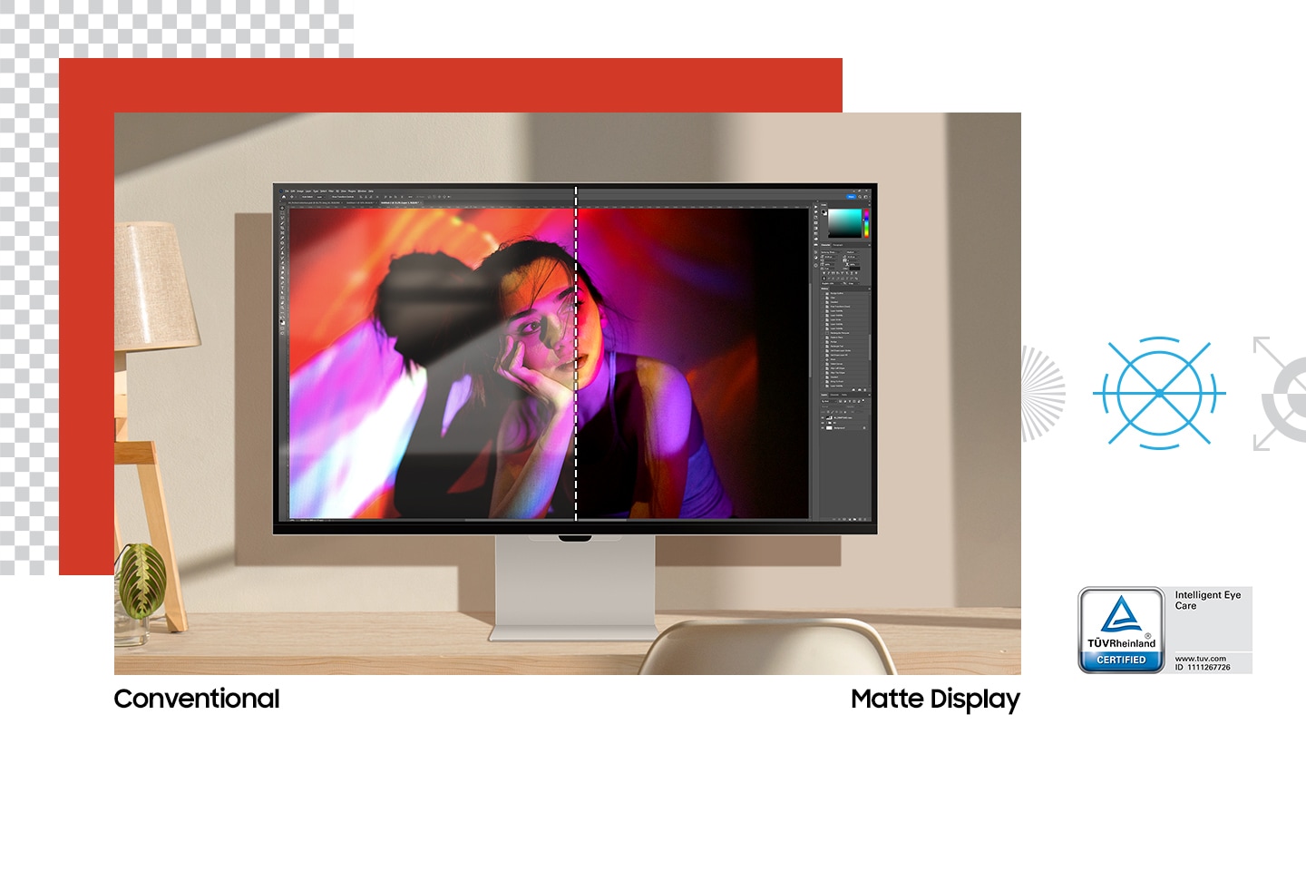 There is a monitor and TUV certification mark. Some objects in front of the monitor are reflected on the screen and a colorful image appears with 'conventional' text. It gets clearer with 'Matte Display' text. Lastly, the screen is divided in half showing both conventional and the matte display.