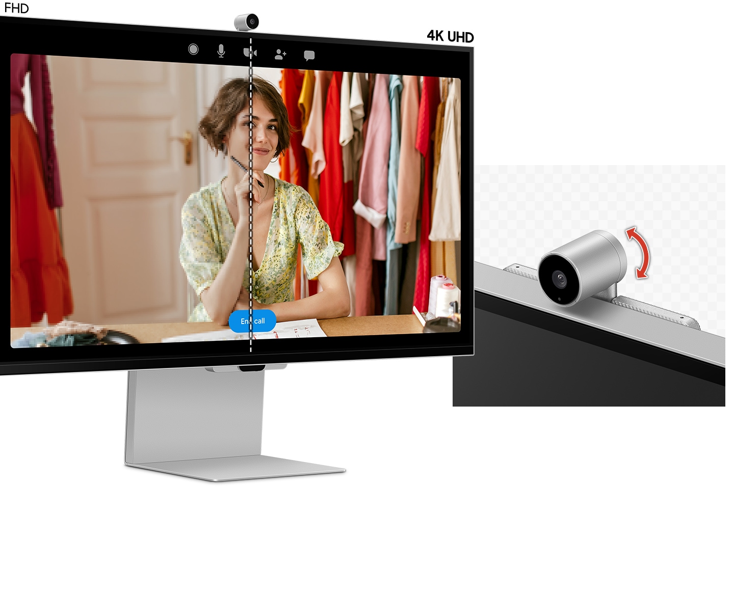 There is a monitor on the left, and the screen is divided into half. On the left side, it says FHD, and on the right side, it says 4K UHD with clearer onscreen. And there's also a close-up cut of the SlimFit camera on the monitor, and it moves up and down showing that the angle is adjustable.