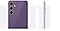 Два устройства Galaxy S23 FE в фиолетовом цвете. Один стоит вертикально и показан с тыльной стороны. Другой смартфон показан сбоку, чтобы продемонстрировать дизайн камеры.