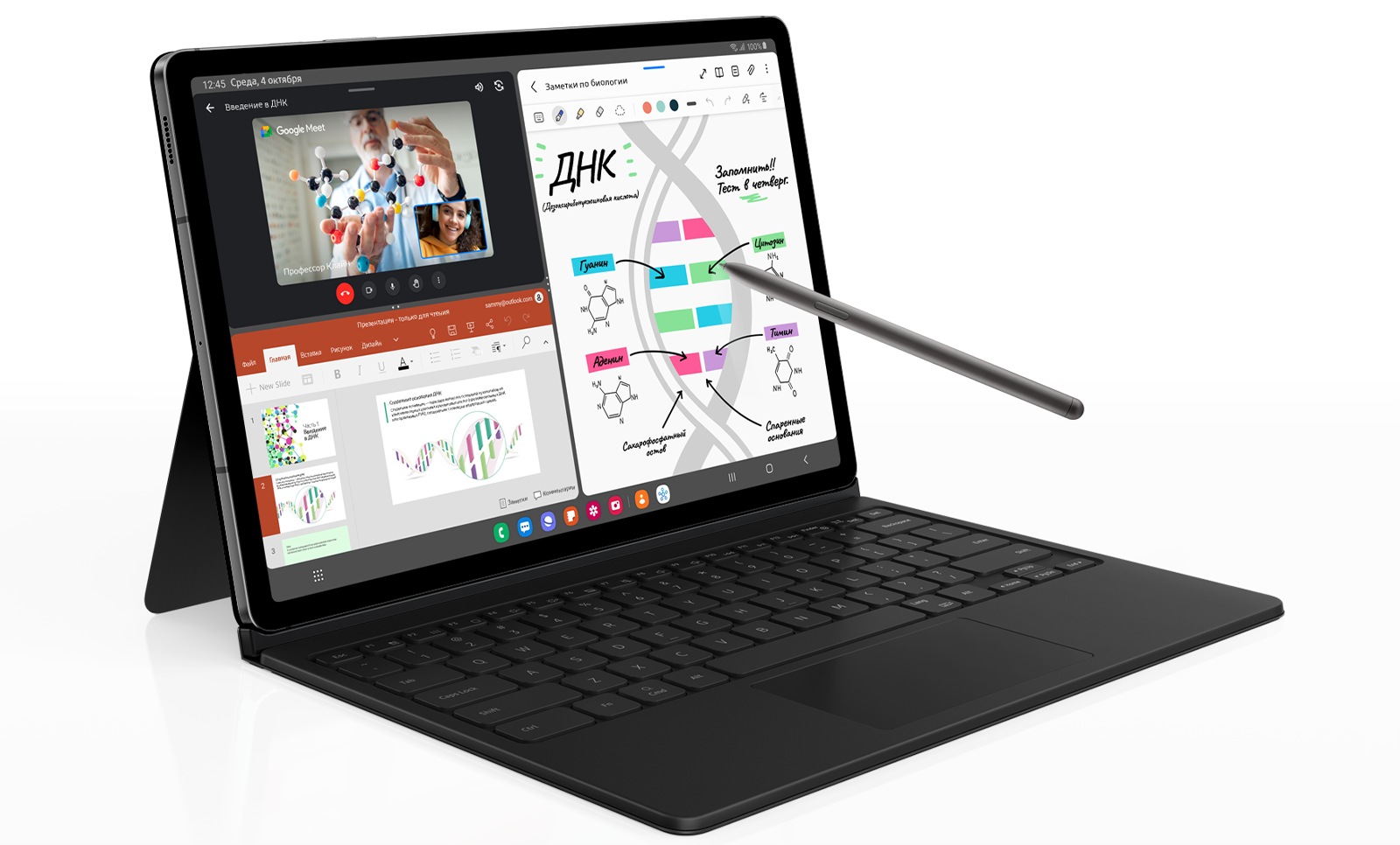 Galaxy Tab S9 FE+ в мятном цвете стоит горизонтально на подставке с подключенным чехлом Book Cover Keyboard. Перо S Pen направлено на экран устройства, где три приложения открыты в многооконном режиме.