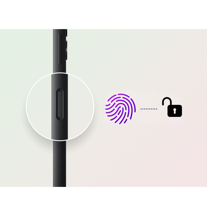 Изображение смартфона Galaxy A05s в профиль с увеличенным изображением датчика отпечатка пальца. Рядом со сканером иконка отпечатка пальца и значок разблокировки, а между ними пунктирная линия.