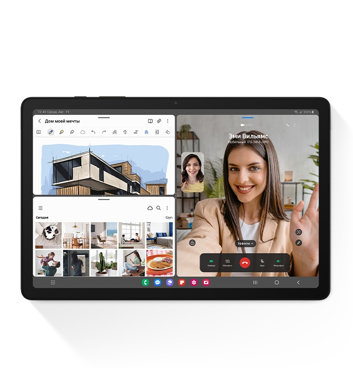 Планшет Galaxy Tab A9+ с экраном, разделенным на три части, чтобы продемонстрировать функцию поддержки многооконного режима. На экране открыты приложения Samsung Notes, Галерея и окно видео звонка.