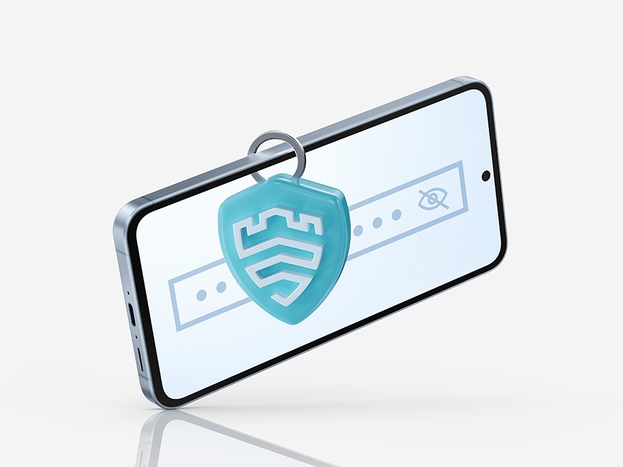 Смартфон A55 5G со значком платформы безопасности Samsung Knox на экране, окружённым символами пароля, PIN-кода и графического пароля.