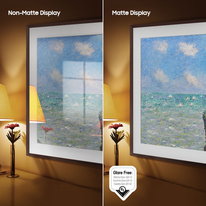В левой части экрана с надписью «Нематовый дисплей» Samsung изображен The Frame, на котором изображено произведение искусства, полное отражений. В правой части экрана с надписью Matte Display изображен The Frame с такой же картинкой, но без бликов. Безбликовый сертифицированный логотип, отражающий блики UGR < 10, блики, вызывающие дискомфорт, UGR < 22, блики для инвалидов UGR < 34, расположенный в нижней левой части.