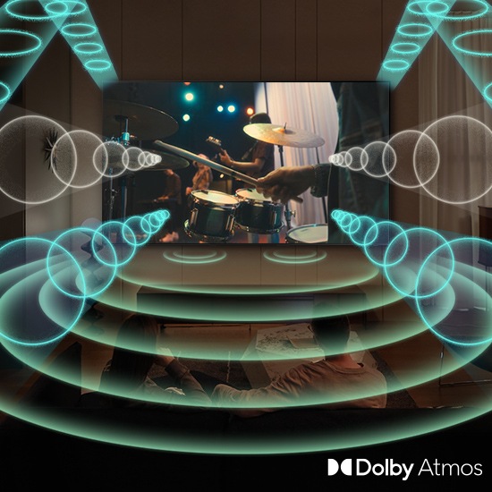 Телевизор Samsung воспроизводит сцену выступления группы с акцентом на барабанщика. Телевизор излучает звуковые кольца разного размера, которые энергично пульсируют и распространяются во всех направлениях, заполняя пространство, что указывает на использование функции Dolby Atmos.