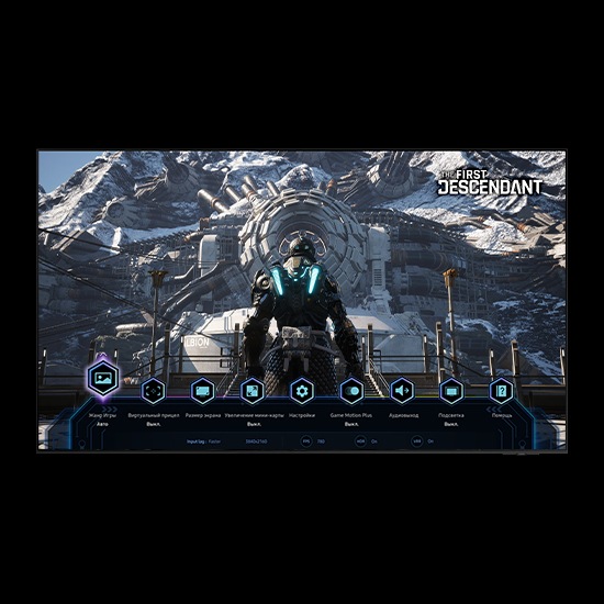 На экране идет экшн-игра, игровая панель находится внизу. Игрок выбирает жанр игры, виртуальную точку прицеливания, соотношение экрана, затем масштаб мини-карты. Логотип игры First Descendant находится вверху.