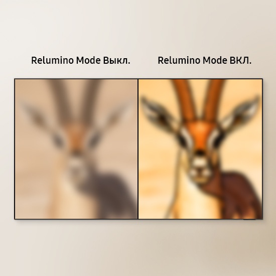 Телевизор с экраном, разделенным на две стороны. Размытое изображение газели на стороне с надписью «Режим Relumino ВЫКЛ» преобразуется в четкое изображение на стороне с надписью «Режим Relumino ВКЛ».