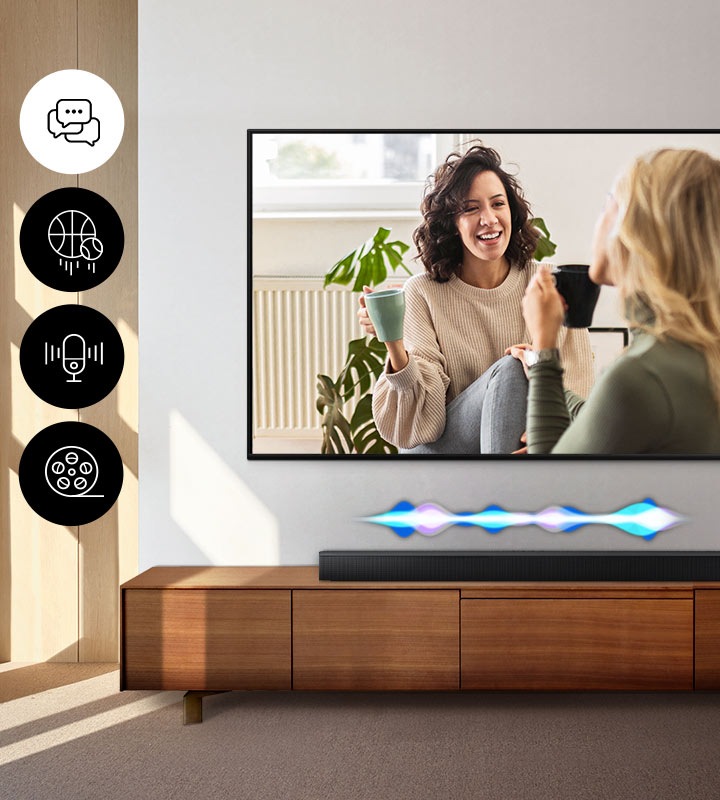 Телевизор циклически показывает разные сцены, включая разговор двух женщин, спорт, новости и кинематографический кадр рыбака в штормовом море. В каждой сцене звуковая панель Samsung воспроизводит разный уровень громкости, о чем свидетельствует меняющаяся звуковая полоса.