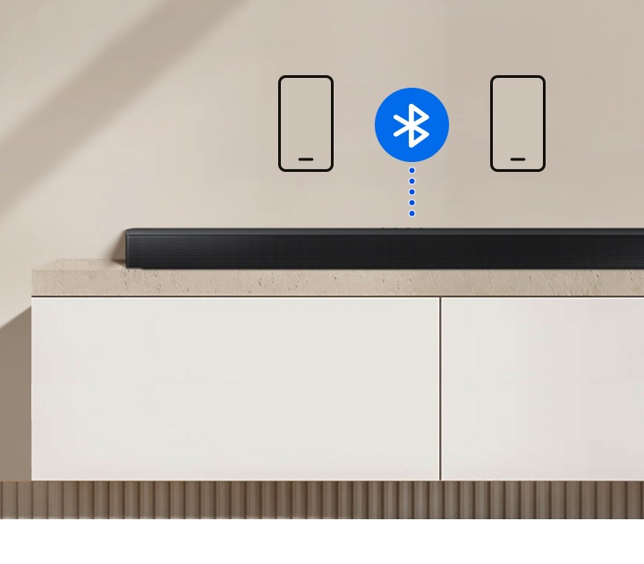 Звуковая панель соединена пунктирной линией со значком Bluetooth, по бокам которого расположены два значка смартфона.