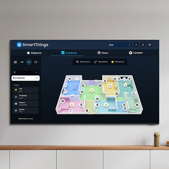 SmartThings на телевизоре Samsung отображает трехмерную карту дома, отображая различные подключенные устройства. Столбец состояния дома сбоку показывает, что освещение и камеры включены, а также отображает текущую температуру и уровни энергопотребления.