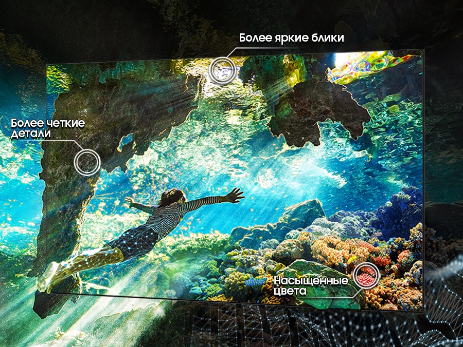 На экране изображена женщина, плывущая под водой. Подчеркиваются области с более яркими бликами, более четкими деталями и яркими цветами.