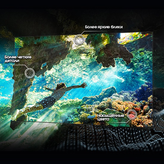 На экране изображена женщина, плывущая под водой. Подчеркиваются области с более яркими бликами, более четкими деталями и яркими цветами.