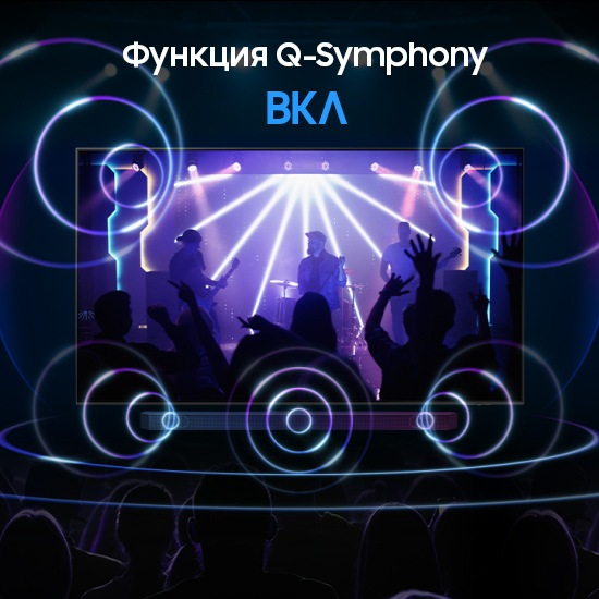 Когда Q-Symphony был выключен, активировался только звук из звуковой панели, но при включении Q-Symphony включался звук как из телевизора, так и из звуковой панели.