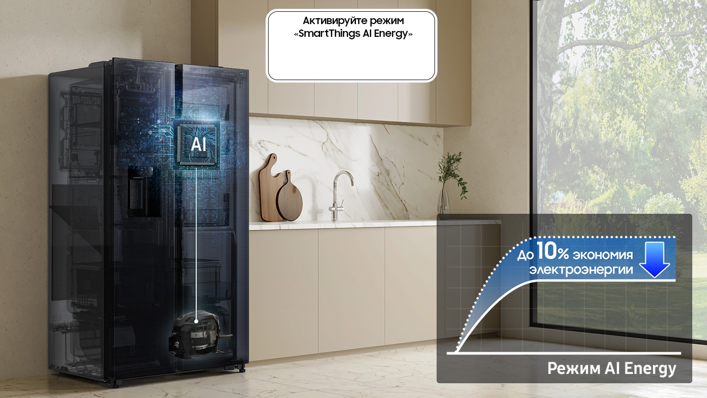 Холодильник, установленный на кухне, с включенной кнопкой Activate «SmartThings AI Energy Mode». Режим энергосбережения AI включен, AI активирован для проверки внутреннего состояния компрессора и управления им, а график показывает эффект энергосбережения до 10 % в режиме энергосбережения AI по сравнению с обычным режимом.